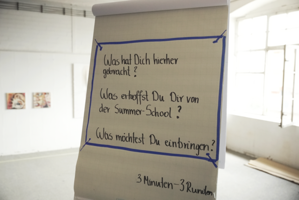 Flipchart mit den Fragen: Was hat dich hierher gebracht? Was erhoffst du dir von der Summer School? Was möchtest du einbringen?